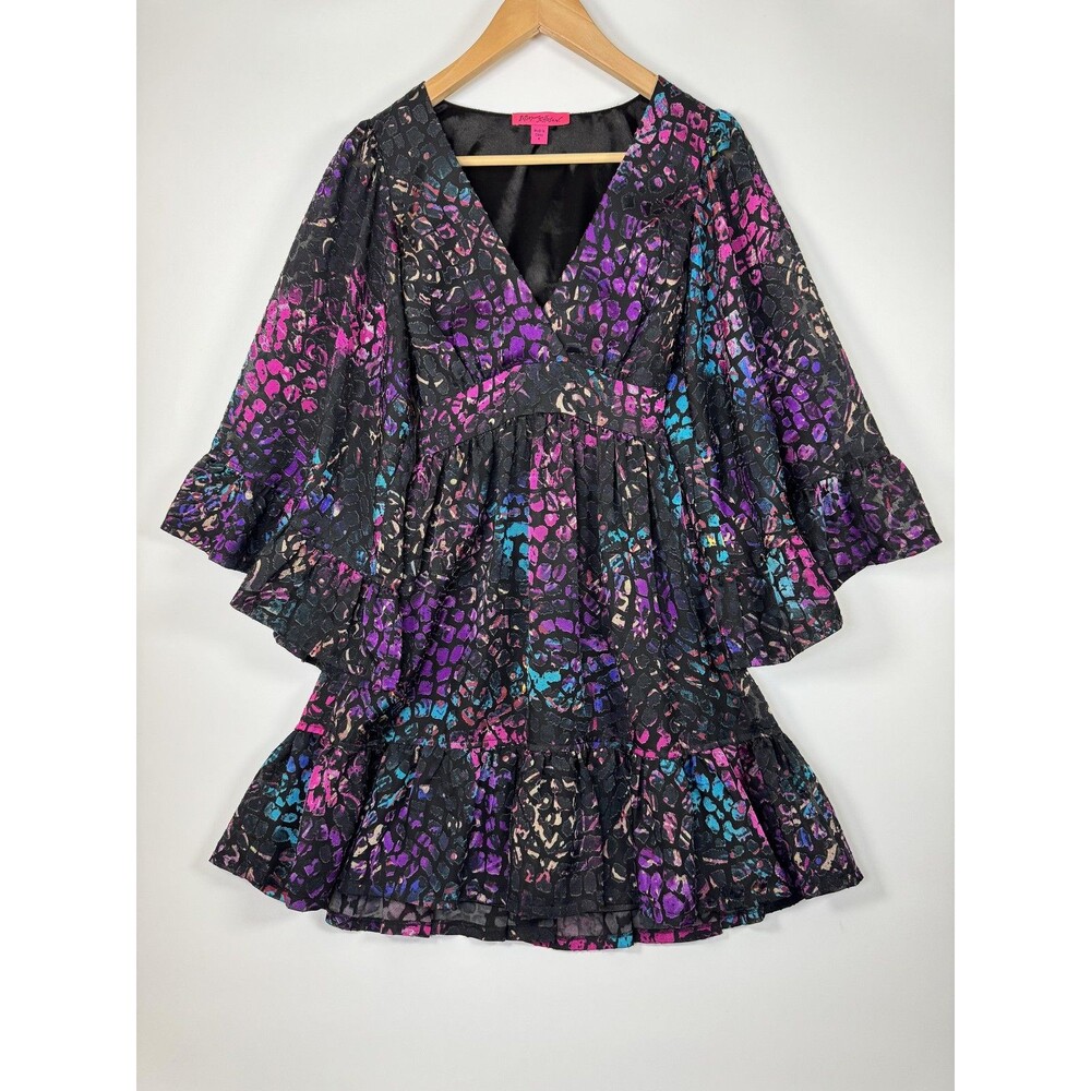 Betsey Johnson Dress Womens 4 Black Multicolor‎ Animal Print Ruffle Bell Sleeve